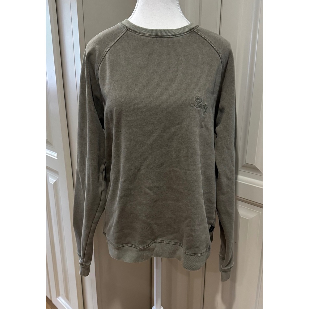 Lucky Brand Mens Embroidered Logo Long Sleeve Crewneck Sweatshirt Olive Green